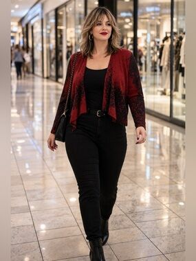 Kasper Red and Black Cardigan Sweater, Waterfall Style